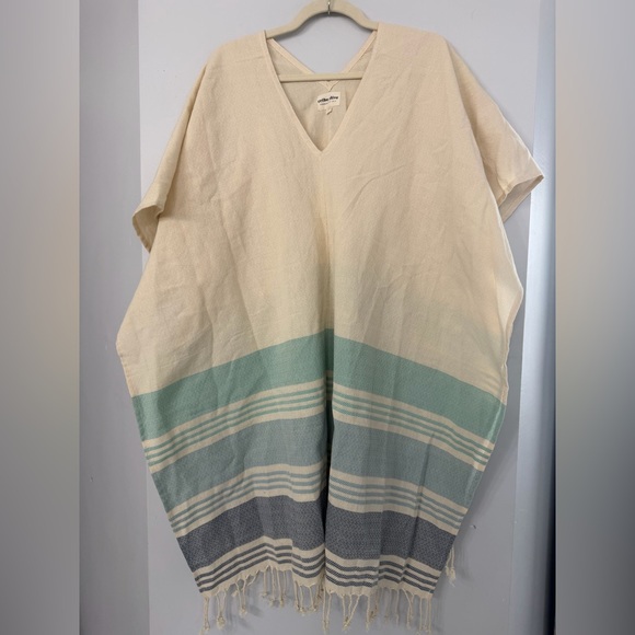 Tribe Alive 100% Cotton Cream & Blue Baja Stripe Swim Beach Fringed Cover Up OS - Picture 4 of 8